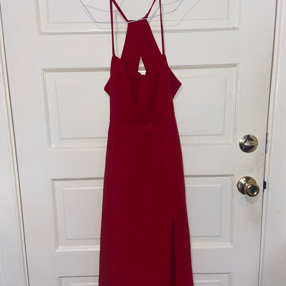 Red open back and leg slit dress
